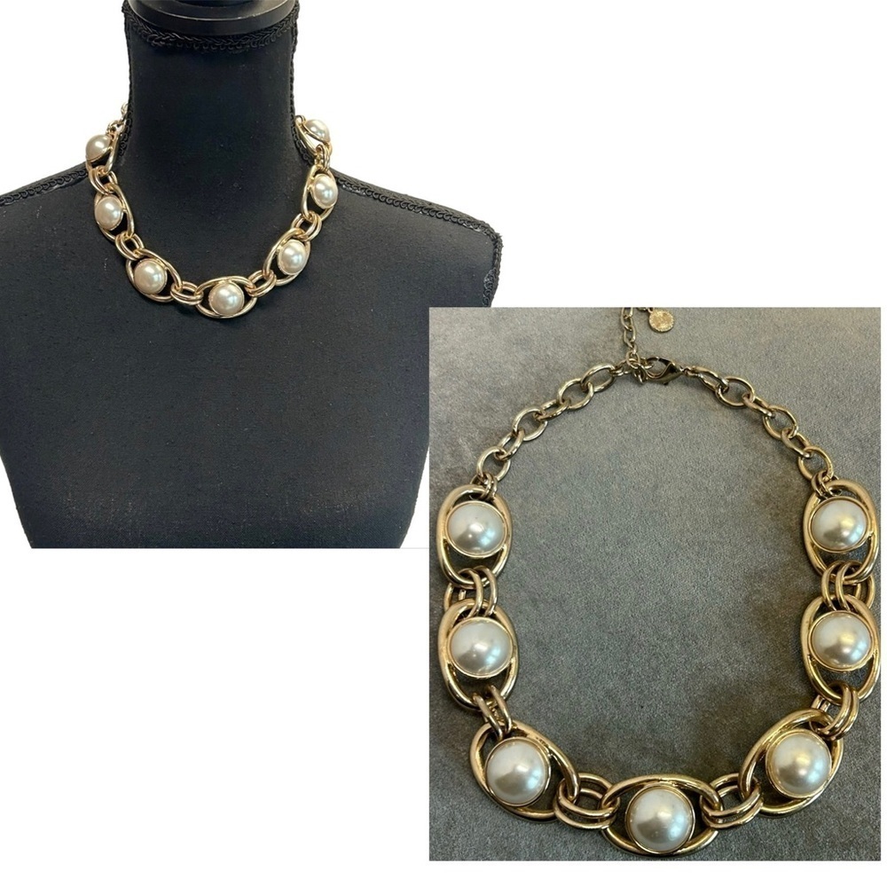 RJ Graziano faux Pearl gold tone chain link Choker Necklace  Signed Adjustable